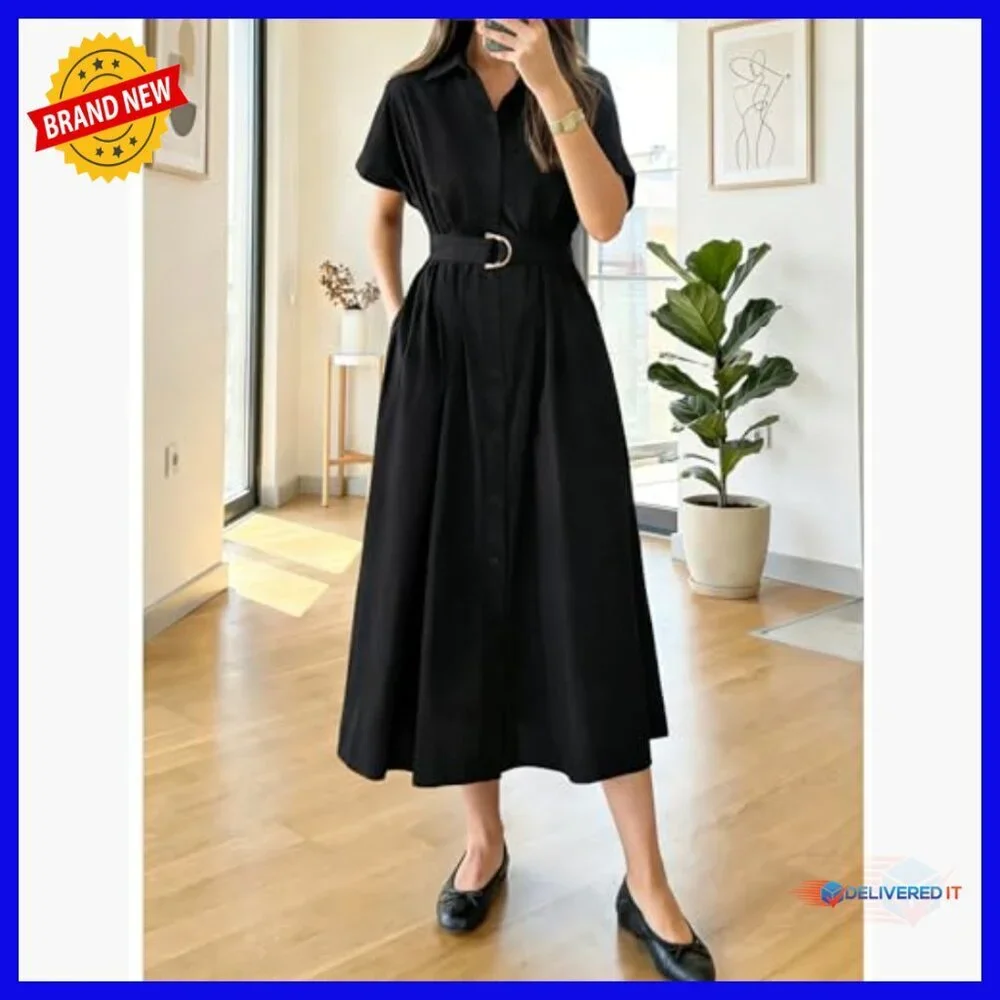 Summer Short Sleeve Midi Dress Button Down A Line Belt Work Casual